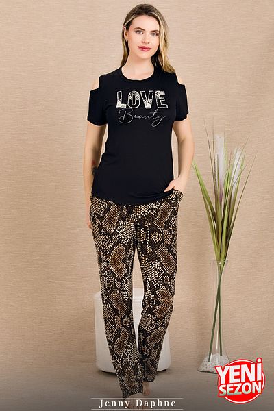 Jenny Daphne Set de pijamale cu mânecă scurtă, cu umeri, cu detaliu expus, pentru femei 12664