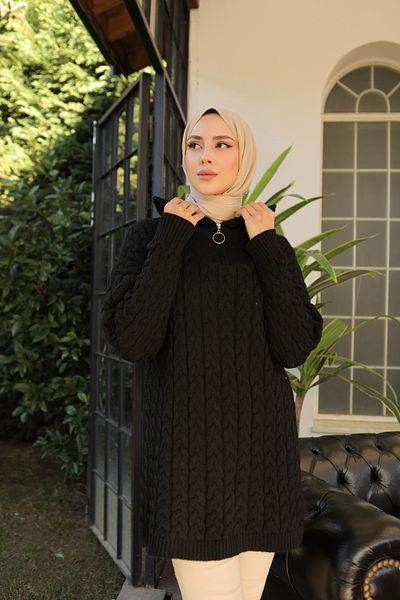 giyze Collar Zippered Knitted Patterned Sweater Sweater Black