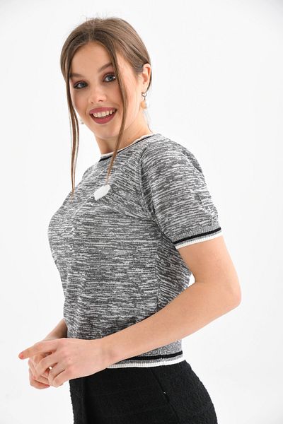 Park Karon Heart Patterned Grey-turquoise Seasonal Short Sleeve Sweater