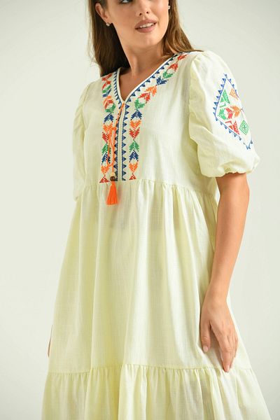 Park Karon Ethnic Embroidered V-neck Linen Women's Dress - Authentic Pattern
