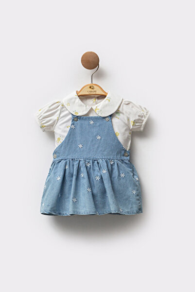 Cassiope Fisto Yakalı Kısa Kollu Bluz Kombinli Çiçek Nakışlı Askılı Denim 2'li Kız Bebek Elbise