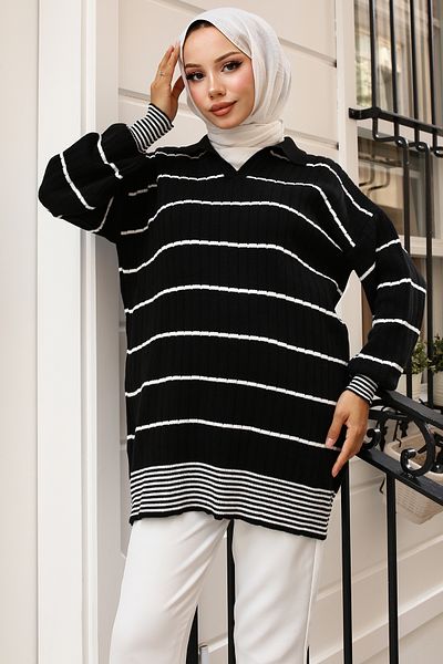 giyze Ribbed Striped Knitwear Tunic Black 11033-61