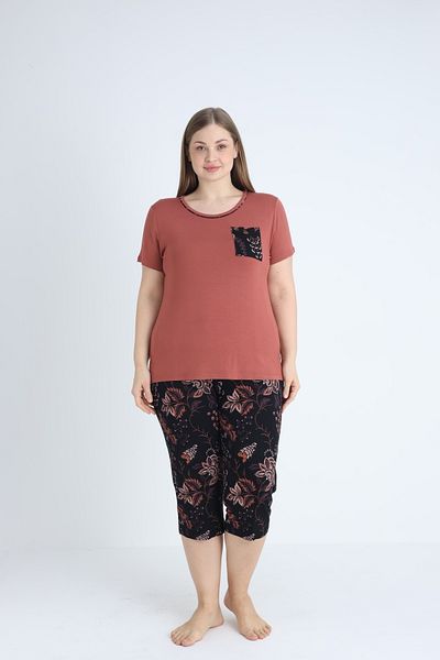 Cotpark Women's Large Size Viscose Combed Fabric Short Sleeve Capri Suit with Leggings 14657