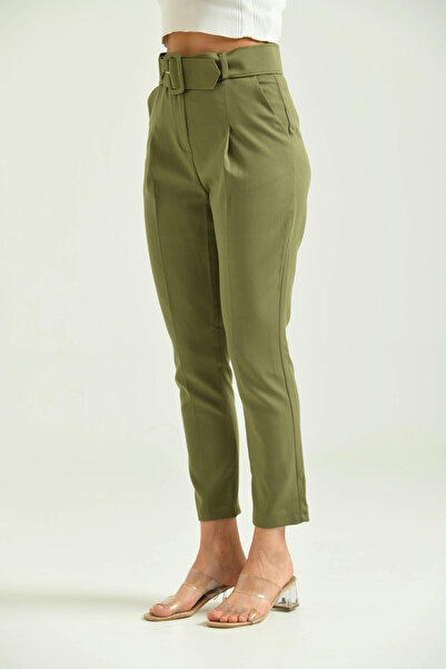 Park Karon Khaki Colored Women's Basic Trousers - Belt Detailed