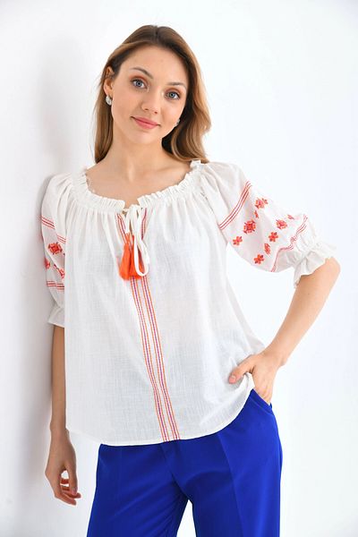 Park Karon Embroidery Detailed Madonna Collar Balloon Sleeve Short Blouse