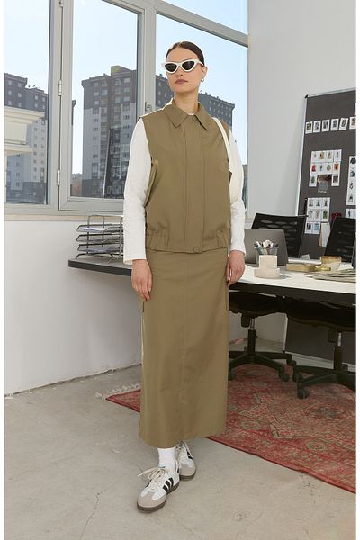 Fatma Atasoy Khaki Trench Skirt with Cover Pocket