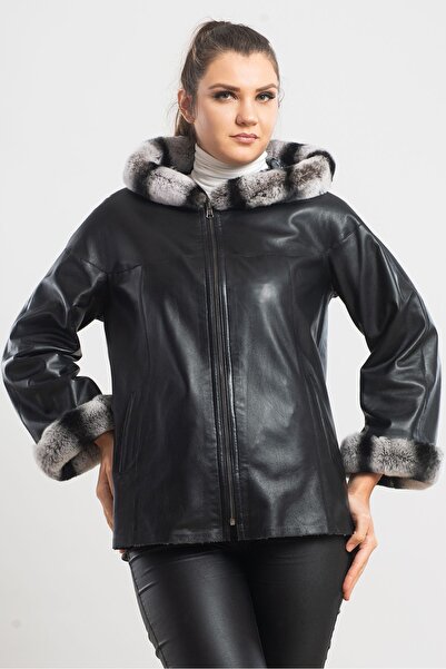 Ata Leather Kadın Siyah Çift Taraflı Rex Kapşonlu Hakiki Deri Mont