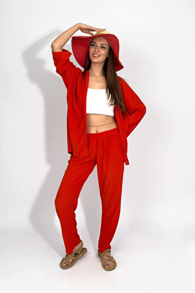 Betimoda Brick Colored Relaxed Cut Women's Kimono Set - With Pants
