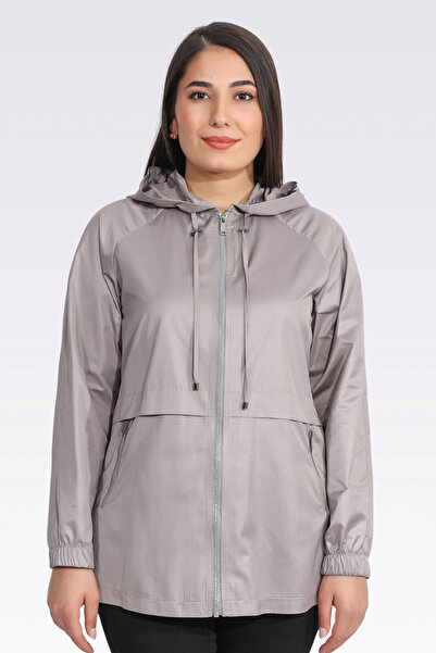 TOLGA SARAÇOĞLU 60128 Gray Thin Fabric Unlined Hooded Coat
