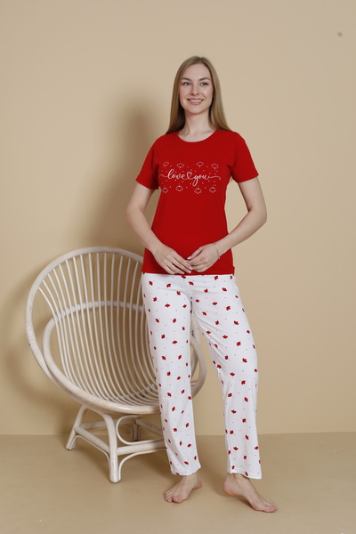 VG BOND MODA Love You-Leaf Print Detailed Single Jersey Short Sleeve Women's Pajama Set Vg168