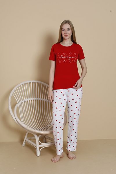 VG BOND MODA Love You-Leaf Print Detailed Single Jersey Short Sleeve Women's Pajama Set Vg168