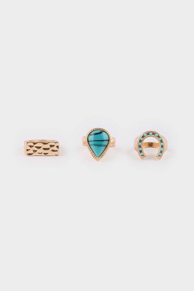 DeFacto Women's Blue Stone 3-Piece Gold Ring E4516Axns