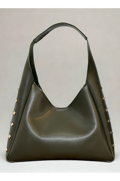 fular & bags Women's Side Staple Detailed Khaki Hand and Shoulder Bag with Snap Closure and Zippered Interior Compartment
