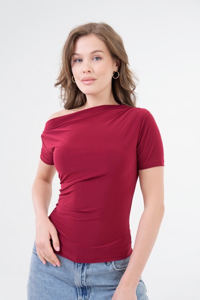 barış sülün lovebox Bluză de damă cu decolteu barcă drapat cu detalii burgund...