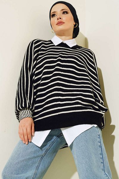 giyze Bat Sleeve Striped Knitwear Black 6009