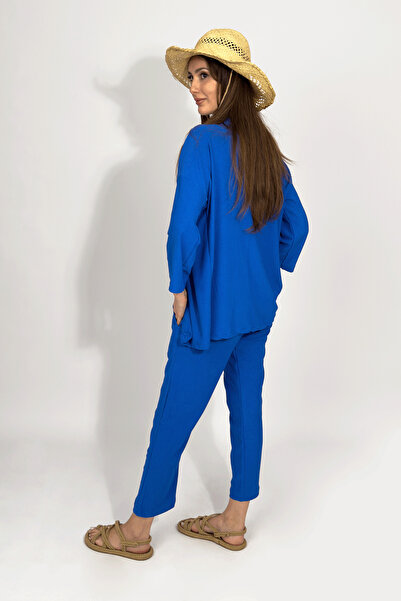 Betimoda Blue Comfortable Fit Women's Kimono Set - Top and Bottom Set with Trousers
