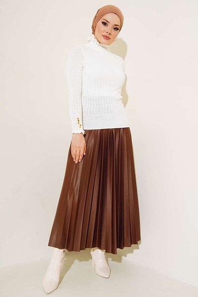 giyze Knitted Detail Knitwear Sweater with Buttons on the Wrists Ecru 4019