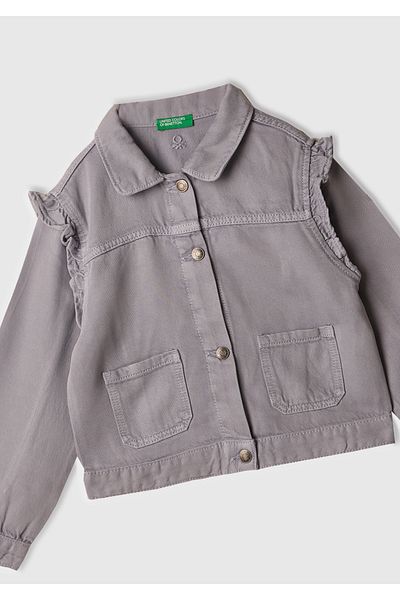United Colors of Benetton Деним яке за момиче в люляк, 100% лиосел, с изпиране на камъни и волани на раменете