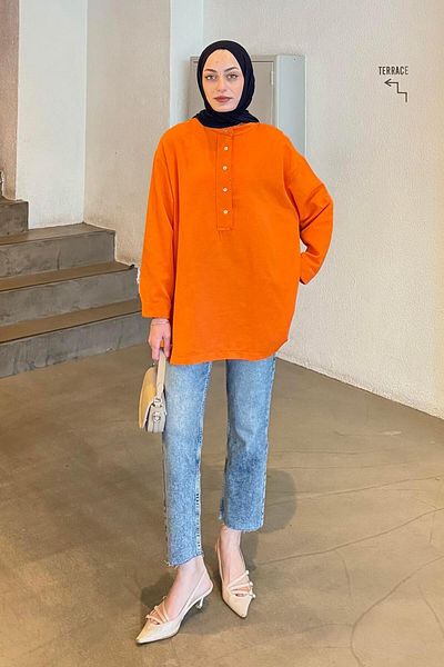lamelif Orange Linen Blouse