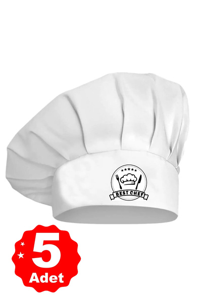 enmalife 5li Beyaz Üzeri Siyah Best Chef Logo Baskılı Şef Aşçı Şapkası Mantar...