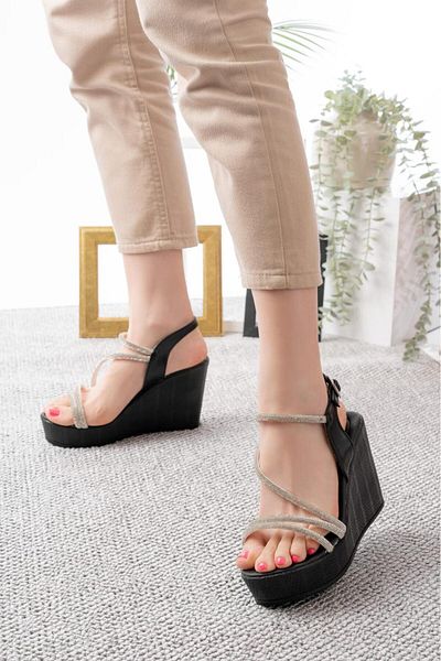 Weynes Women's Black 10 cm Wedge Heel Wrap Stone Sandals Wsb3024