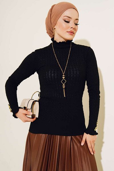 giyze Knitted Detail Knitwear Sweater with Buttons on the Wrists Black 4019