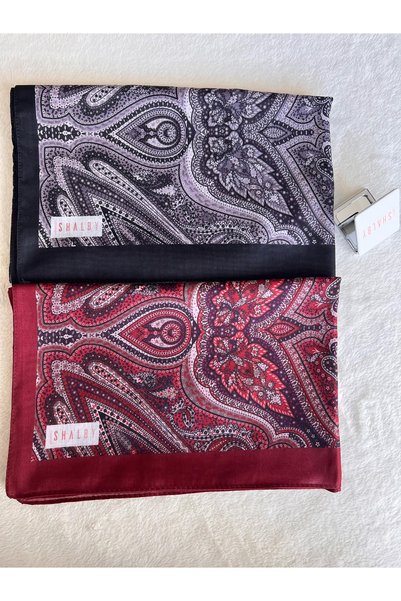 shalby Hijab Ethnic Patterned Cotton Shawl Set of 2 and Makeup Mirror Claret Red - Gray