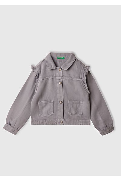 United Colors of Benetton Деним яке за момиче в люляк, 100% лиосел, с изпиране на камъни и волани на раменете