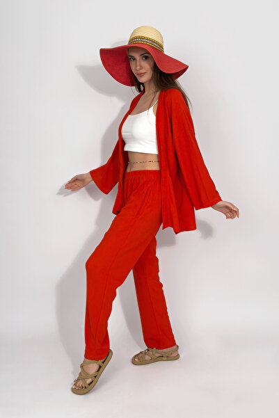 Betimoda Brick Colored Relaxed Cut Women's Kimono Set - With Pants
