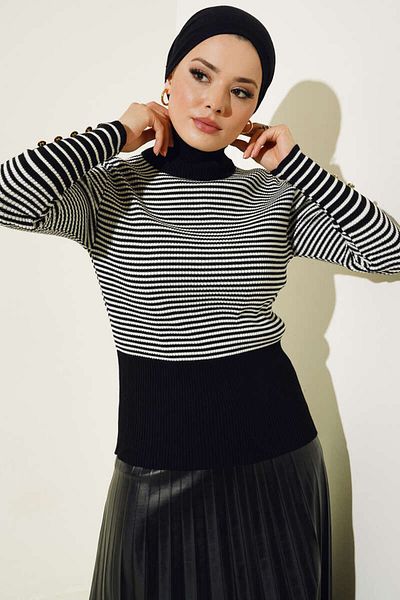 giyze Sleeves Button Detailed Knitwear Bady Black 4033