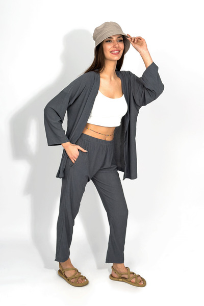 Betimoda Gray Comfortable Fit Women's Kimono Set - Pants and Top Set