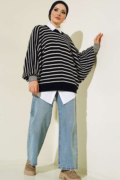 giyze Bat Sleeve Striped Knitwear Black 6009