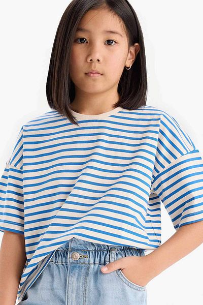 DeFacto Girl's Relax Fit Crew Neck Striped Short Sleeve T-Shirt D8581A825Sm