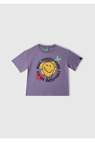 United Colors of Benetton Tricou mov pentru fete cu etichetă cu logo-ul Smiley World imprimat