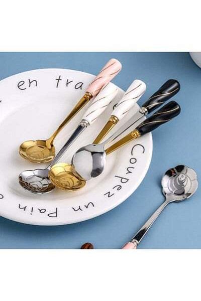 HALAMODO 6-Piece Cherry Flower Shaped Mixing Spoon Set Silver/Pink