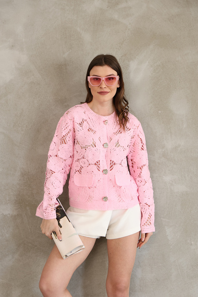 DM DİLAN MODA Women's Crochet Pink Crewneck Gold Buttoned Seasonal Cardigan