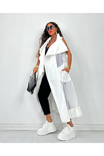GİRLCAVE File Detaylı Uzun Yelek Beyaz