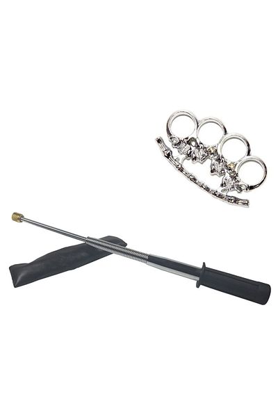 Depox Set baston telescopic argintiu flexibil, maner din cauciuc, 47 cm si pumnal/cutie cu craniu argintiu