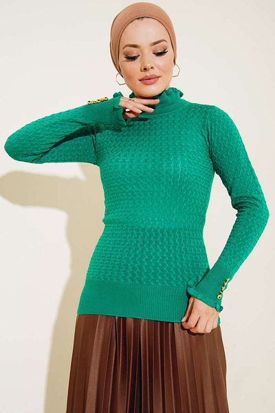 giyze Knitted Detail Knitwear Sweater with Buttons on the Wrists Green 4019
