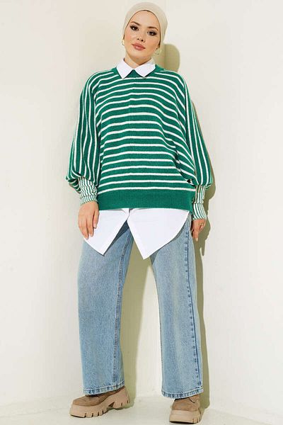 giyze Bat Sleeve Striped Knitwear Green 6009