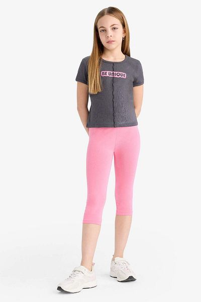 DeFacto Girl's T-Shirt - Fitted Crew Neck Printed Ribbed Camisole Short Sleeve