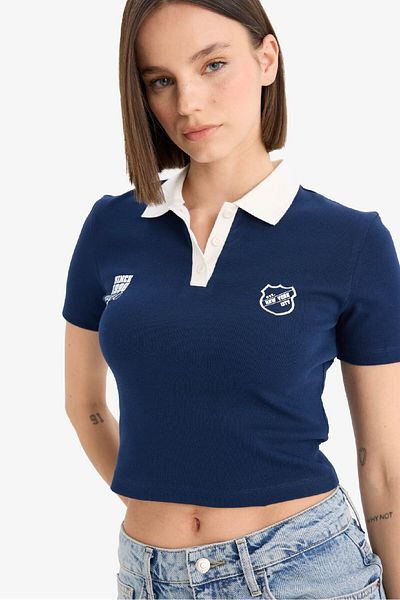 DeFacto Coool Fitted Polo Neck Printed Rib Short Sleeve T-Shirt E7838Ax25Sm