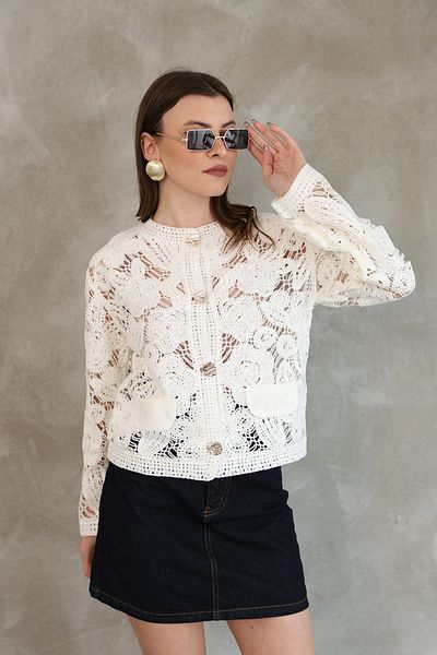 DM DİLAN MODA Women's Crochet Ecru Crew Neck Gold Buttoned Seasonal Cardigan