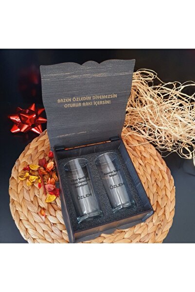 hediyekralı Kişiye Özel Kral Tacı Desenli Ahşap Kutulu 2 Li Rakı Bardağı Hediye Seti