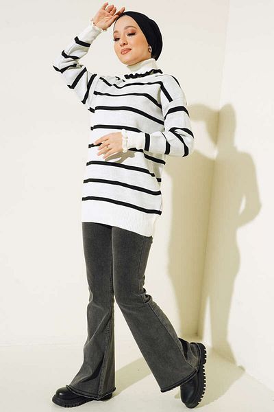 giyze Collar Frilly Striped Knitwear Tunic Ecru 5116