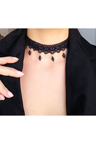 BNGaksesuar Siyah Dantel Doğaltaşlı Vintage Gotik Choker Kolye
