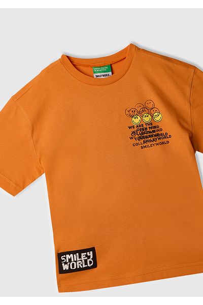 United Colors of Benetton Boy's Orange Smiley World Printed Logo Label T-Shirt