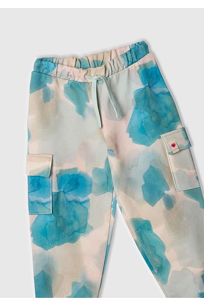 United Colors of Benetton Girl's Blue Mix All Patterned Cargo Sweatpants with Logo Labeling and Patch Pockets