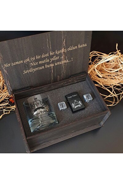 hediyekralı Kişiye Özel Kutu Içinde Hediye Seti -viski Bardağı , Viski Taşı Ve Çakmaktan Oluşan Hediye Seti.