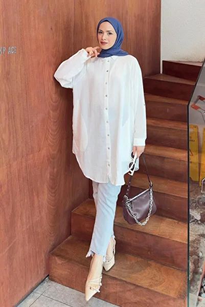 lamelif Λευκό λινό πουκάμισο Hijab